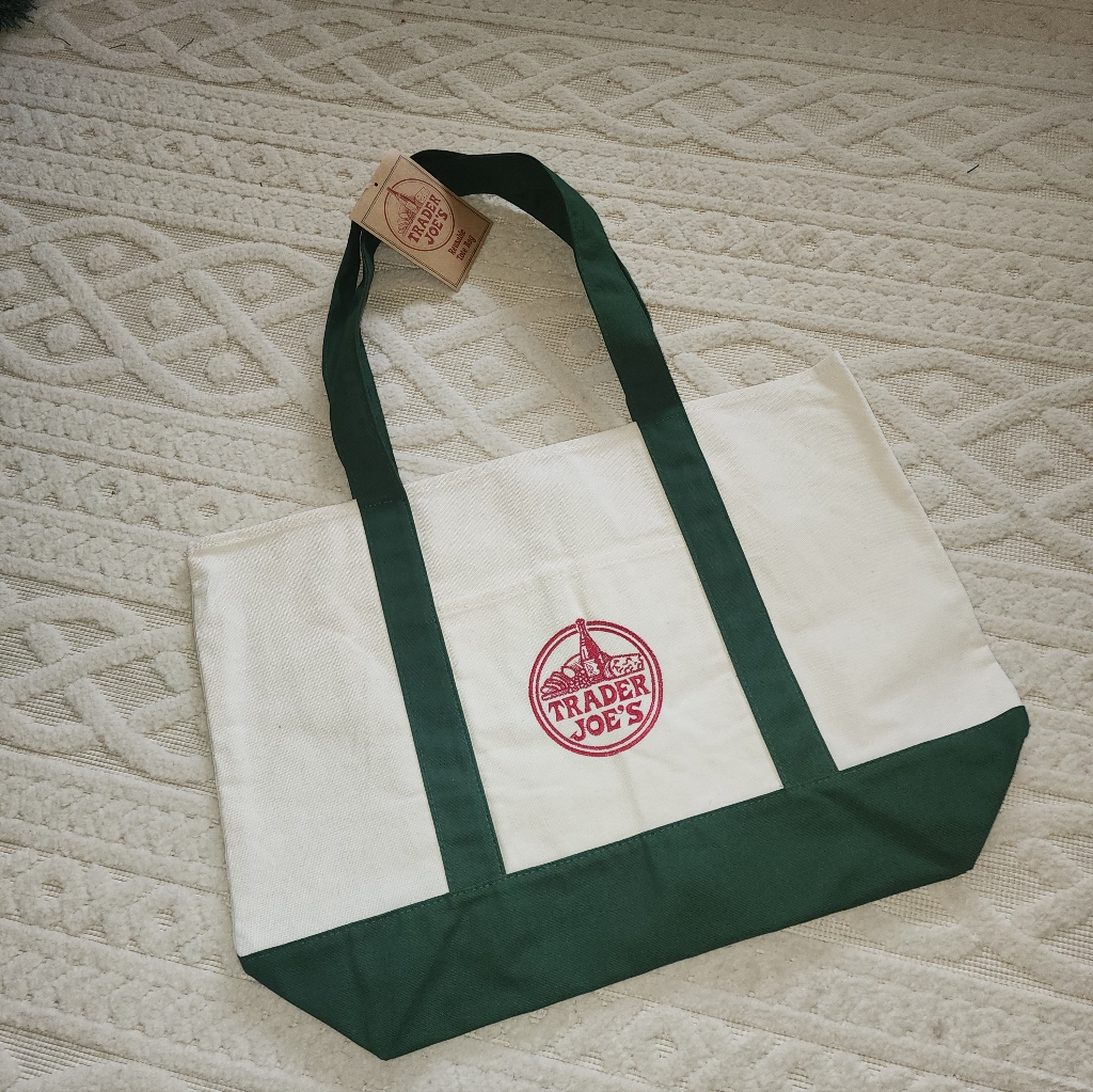 Nwt Trader Joe's Green And White Canvas Tote